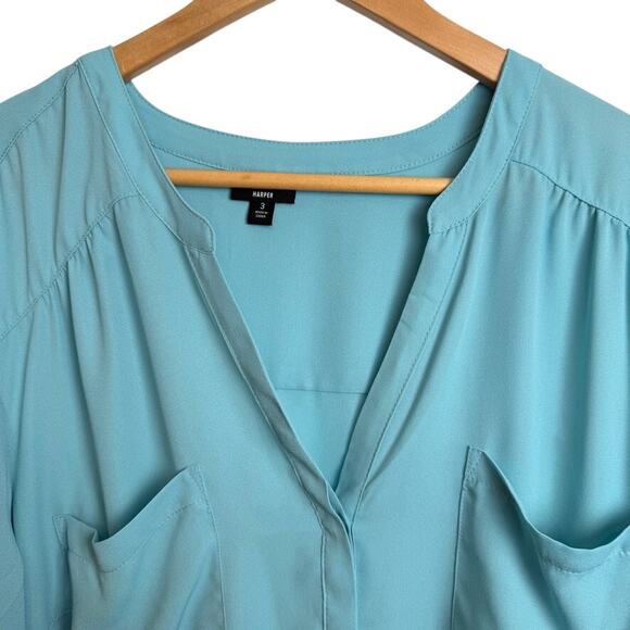 Torrid Harper Blouse Sz 3 Aqua Blue Roll Tab Sleeve V-Neck Pocket Top Plus Size - Picture 2 of 7